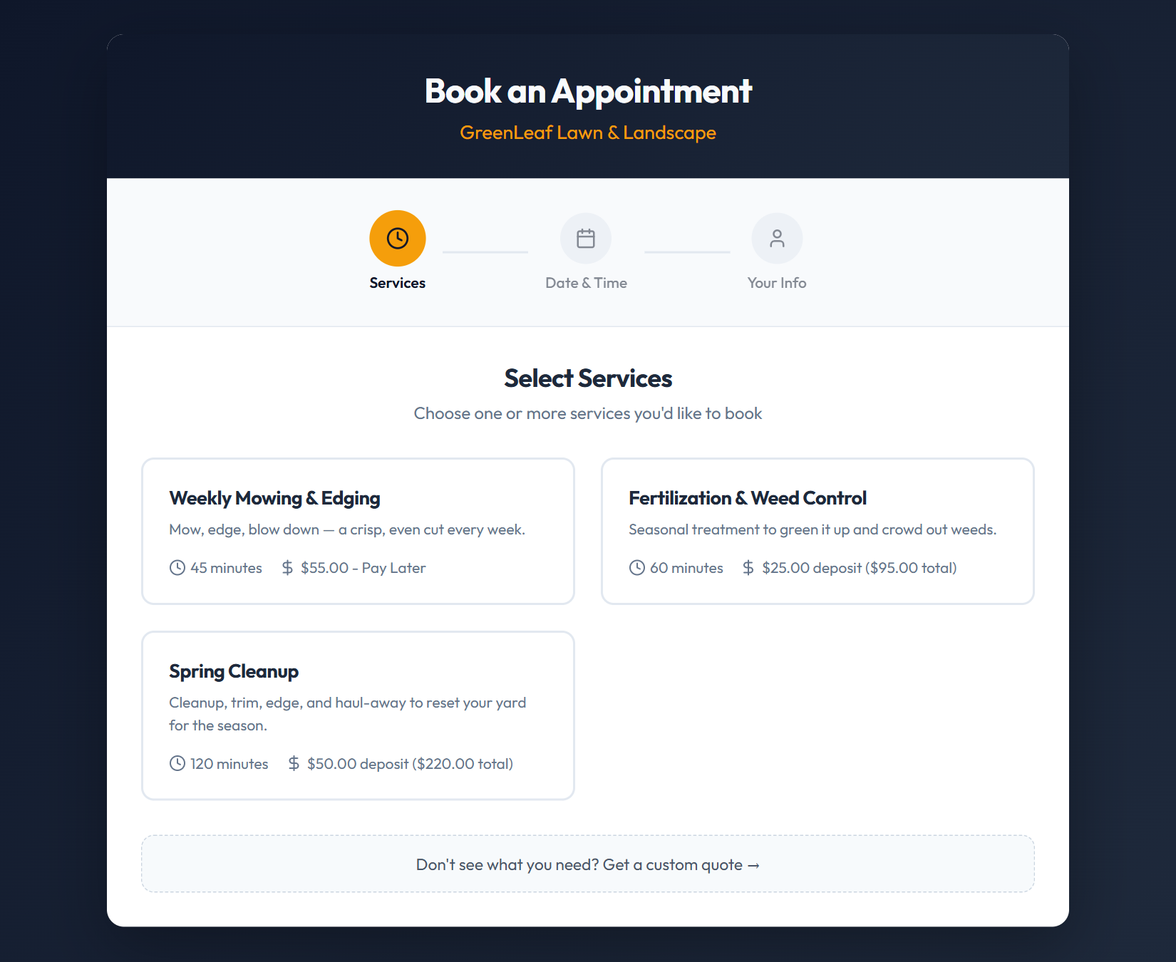 A StartSmith online booking page for a lawn-care business, showing services, prices, and available time slots.