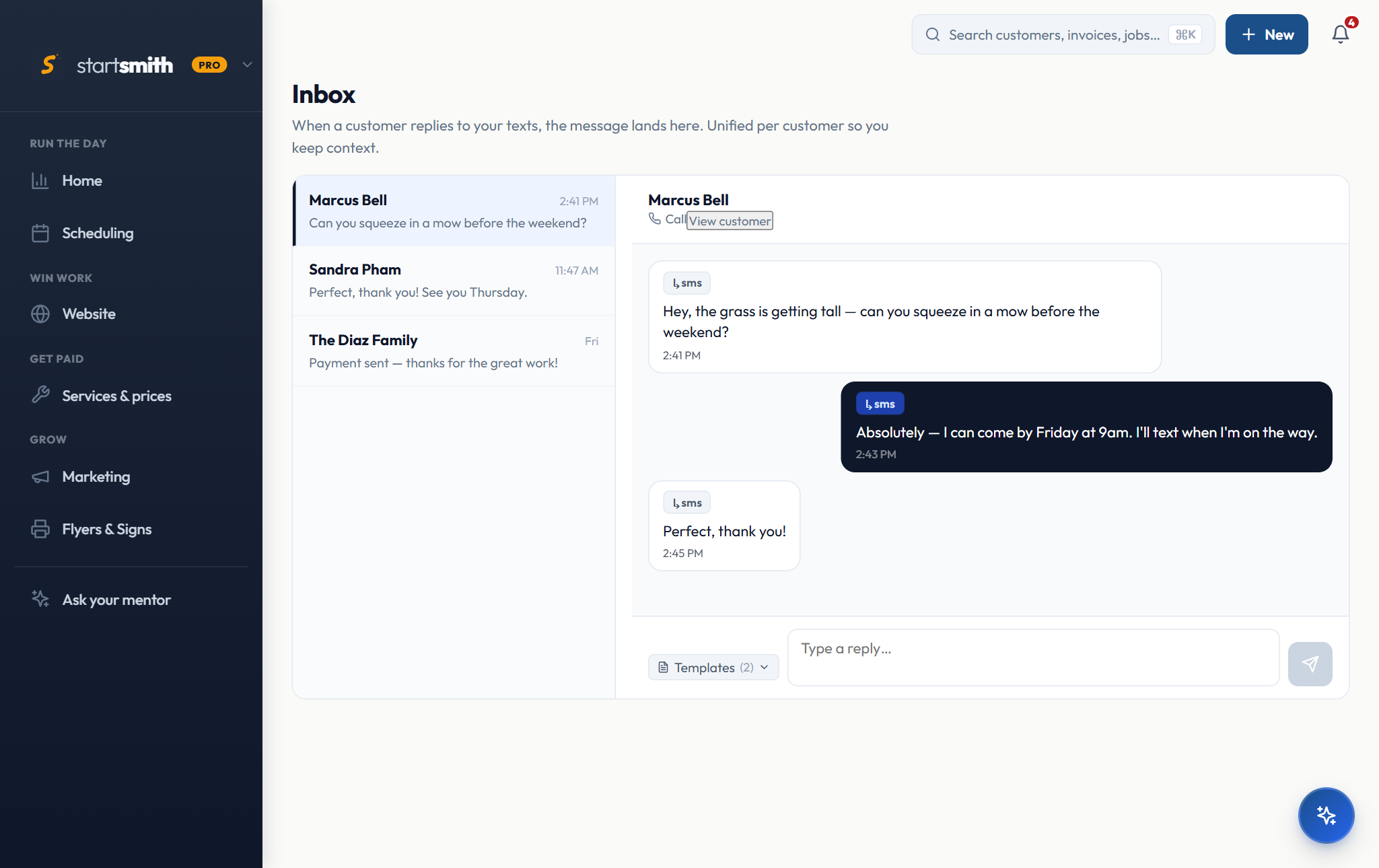The StartSmith customer inbox showing a text-message conversation about scheduling a mow before the weekend.
