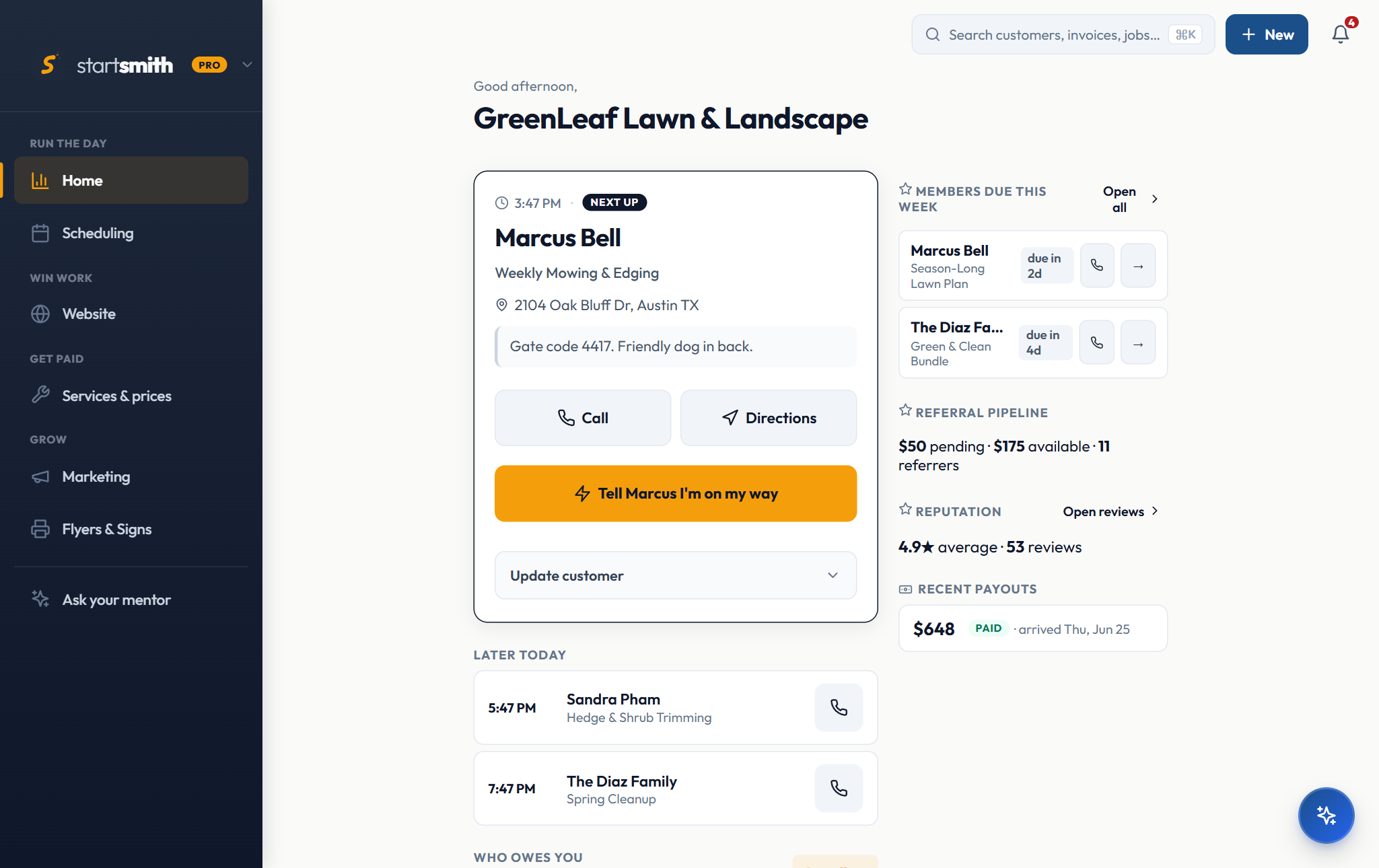 The StartSmith dashboard showing a home-service owner's day: next job, revenue, reviews, and payouts.