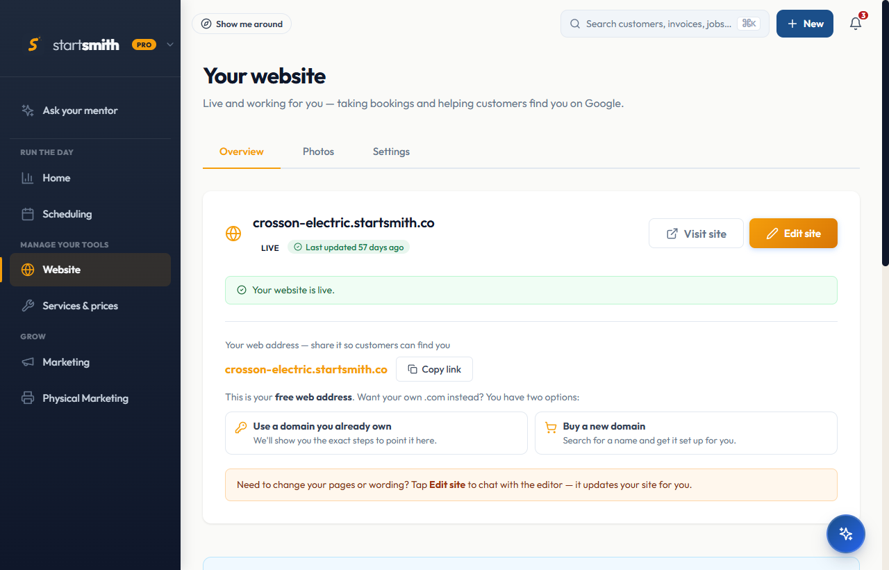 The StartSmith website manager showing a live business site.